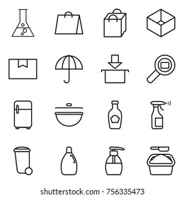 Thin line icon set : flask, shopping bag, box, package, dry cargo, search, fridge, cauldron, ketchup, sprayer, trash bin, cleanser, liquid soap, washing powder