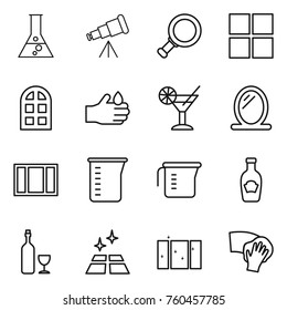 Thin line icon set : flask, telescope, magnifier, window, arch, acid, cocktail, mirror, measuring cup, ketchup, wine, clean floor, wiping