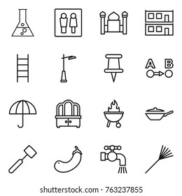 Thin line icon set : flask, wc, minaret, modular house, stairs, outdoor light, pin, route a to b, dry cargo, dresser, bbq, pan, meat hammer, eggplant, water tap, rake