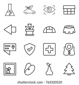 Thin line icon set : flask, eco car, eye identity, market, left arrow, flower, greenhouse, stadium, location details, protected, first aid, life vest, in window, beans, pear, spruce