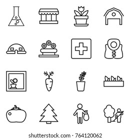 Thin line icon set : flask, market, flower, barn, dome house, bed, first aid, life vest, in window, carrot, seedling, tomato, spruce, trash, garden cleaning