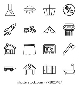 Thin line icon set : flask, ufo, basket, percent, rocket, motorcycle, tent, antique column, home, curtain, tv, axe, trailer, barn, clean window, bath