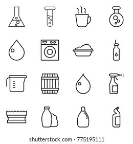 Thin line icon set : flask, vial, hot drink, chemical, drop, washing machine, vegetable oil, measuring cup, barrel, sprayer, sponge, shampoo, cleanser, toilet