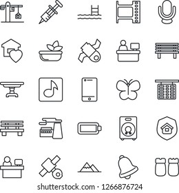 Thin Line Icon Set - flight table vector, manager place, factory, butterfly, bench, syringe, satellite, film frame, microphone, cell phone, speaker, bell, music, battery, pool, mountains, sweet home