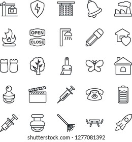 Thin Line Icon Set - flight table vector, factory, rake, tree, butterfly, fire, house, picnic, syringe, clapboard, battery, protect, themes, bell, pencil, stamp, sweet home, crane, phone, open close