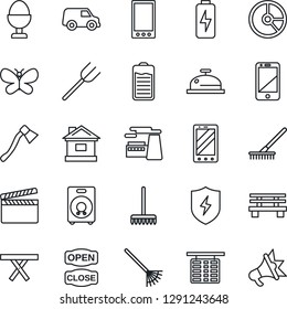 Thin Line Icon Set - flight table vector, mobile phone, factory, circle chart, farm fork, rake, butterfly, house, axe, bench, picnic, clapboard, cell, speaker, battery, protect, charge, reception