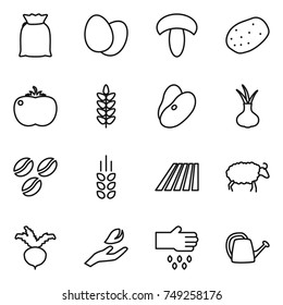 thin line icon set : flour, eggs, mushroom, potato, tomato, spikelets, beans, onion, coffee seeds, field, sheep, beet, hand leaf, sow, watering can