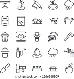 Thin Line Icon Set - flower in pot vector, trowel, watering can, wheelbarrow, bucket, sproute, seedling, water drop, rain, hose, axe, garden light, greenhouse, seeds, pond, picnic table, sprayer