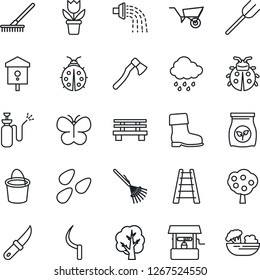 Thin Line Icon Set - flower in pot vector, farm fork, rake, ladder, tree, wheelbarrow, bucket, watering, boot, butterfly, lady bug, rain, well, sickle, garden knife, axe, bench, seeds, bird house