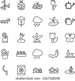 Thin Line Icon Set - flower in pot vector, watering can, sproute, butterfly, lady bug, seedling, rain, sickle, caterpillar, pond, bird house, fertilizer, tulip, with tree, windmill, alcohol, palm