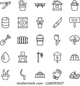 Thin Line Icon Set - flower in pot vector, shovel, ripper, fence, seedling, bucket, pruner, glove, house, water drop, sickle, garden knife, plant label, light, fireplace, greenhouse, picnic table