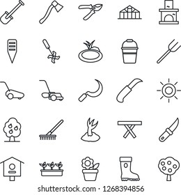 Thin Line Icon Set - flower in pot vector, shovel, farm fork, rake, bucket, sproute, pruner, boot, lawn mower, seedling, sun, sickle, garden knife, axe, plant label, fireplace, greenhouse, pond