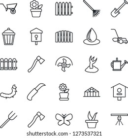 Thin Line Icon Set - flower in pot vector, shovel, farm fork, ripper, fence, rake, seedling, watering can, wheelbarrow, sproute, lawn mower, butterfly, water drop, garden knife, axe, light