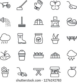 Thin Line Icon Set - flower in pot vector, rake, seedling, wheelbarrow, bucket, watering, glove, boot, lawn mower, butterfly, rain, well, hoe, fireplace, greenhouse, pond, picnic table, fertilizer