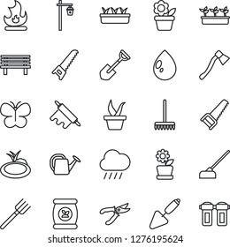 Thin Line Icon Set - flower in pot vector, trowel, shovel, farm fork, rake, seedling, watering can, pruner, saw, butterfly, fire, water drop, rain, hoe, axe, bench, garden light, pond, fertilizer