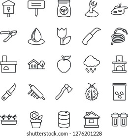 Thin Line Icon Set - flower in pot vector, sproute, pruner, lady bug, house, seedling, water drop, rain, hose, garden knife, axe, plant label, fireplace, seeds, bird, fertilizer, tulip, oil barrel