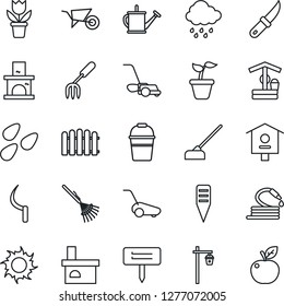 Thin Line Icon Set - flower in pot vector, garden fork, fence, rake, seedling, watering can, wheelbarrow, bucket, lawn mower, sun, rain, well, hose, hoe, sickle, knife, plant label, light, fireplace
