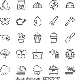 Thin Line Icon Set - flower in pot vector, trowel, ripper, tree, watering can, wheelbarrow, bucket, saw, butterfly, lady bug, house, water drop, rain, hose, axe, garden light, fireplace, greenhouse