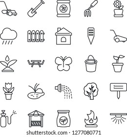 Thin Line Icon Set - flower in pot vector, garden fork, shovel, seedling, tree, bucket, watering, lawn mower, butterfly, fire, house, rain, plant label, pond, picnic table, sprayer, fertilizer