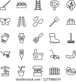 Thin Line Icon Set - flower in pot vector, garden fork, farm, fence, rake, ladder, seedling, tree, wheelbarrow, glove, boot, lawn mower, butterfly, well, hoe, plant label, fireplace, greenhouse