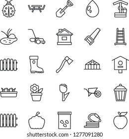 Thin Line Icon Set - flower in pot vector, shovel, fence, ladder, wheelbarrow, boot, saw, lawn mower, lady bug, house, seedling, water drop, well, hose, axe, pumpkin, garden light, greenhouse, seeds
