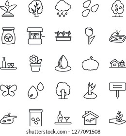 Thin Line Icon Set - flower in pot vector, tree, sproute, butterfly, seedling, water drop, rain, well, plant label, pumpkin, seeds, fertilizer, tulip, house with, pond, fruit, alcohol, eco, palm