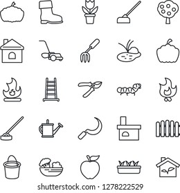 Thin Line Icon Set - flower in pot vector, garden fork, fence, ladder, watering can, bucket, pruner, boot, lawn mower, fire, house, seedling, hoe, sickle, pumpkin, fireplace, caterpillar, pond, eco