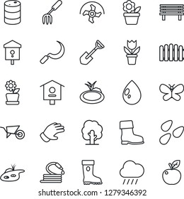 Thin Line Icon Set - flower in pot vector, garden fork, shovel, ripper, fence, tree, wheelbarrow, glove, boot, butterfly, water drop, rain, hose, sickle, bench, seeds, pond, bird house, oil barrel