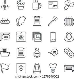 Thin Line Icon Set - flower in pot vector, farm fork, ladder, seeds, implant, pin, clipboard, chain, low battery, mail, place tag, photo gallery, coffee, document folder, stamp, sold signboard, flag