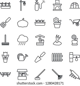 Thin Line Icon Set - flower in pot vector, trowel, garden fork, fence, rake, watering can, wheelbarrow, sproute, seedling, rain, well, hoe, pumpkin, light, fireplace, greenhouse, picnic table