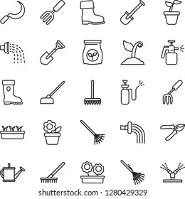 Thin Line Icon Set - flower in pot vector, garden fork, shovel, rake, seedling, watering can, sproute, pruner, boot, hoe, sickle, sprayer, fertilizer, irrigation