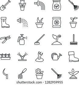 Thin Line Icon Set - flower in pot vector, garden fork, shovel, rake, seedling, watering can, sproute, pruner, boot, hoe, sickle, sprayer, fertilizer, irrigation