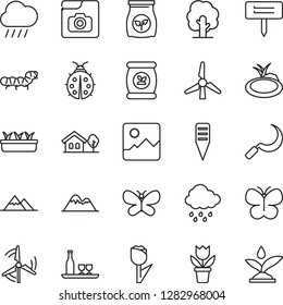 Thin Line Icon Set - flower in pot vector, tree, butterfly, lady bug, seedling, rain, sickle, plant label, caterpillar, pond, fertilizer, tulip, gallery, photo, house with, windmill, mountains