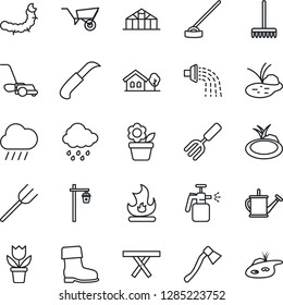 Thin Line Icon Set - flower in pot vector, garden fork, farm, rake, watering can, wheelbarrow, boot, lawn mower, fire, rain, hoe, knife, axe, light, greenhouse, caterpillar, pond, picnic table