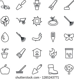 Thin Line Icon Set - flower in pot vector, trowel, rake, seedling, tree, wheelbarrow, boot, saw, lawn mower, butterfly, fire, water drop, sun, hoe, plant label, pumpkin, seeds, caterpillar, pond