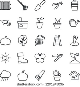 Thin Line Icon Set - flower in pot vector, trowel, fence, rake, ladder, seedling, tree, watering can, wheelbarrow, bucket, sproute, pruner, boot, saw, butterfly, sun, rain, hose, pumpkin, fireplace