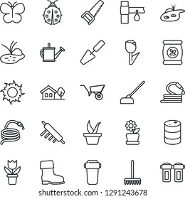 Thin Line Icon Set - flower in pot vector, trowel, rake, seedling, watering can, wheelbarrow, boot, saw, butterfly, lady bug, sun, hose, hoe, pond, fertilizer, drip irrigation, tulip, oil barrel