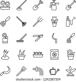 Thin Line Icon Set - flower in pot vector, garden fork, shovel, farm, rake, seedling, watering can, sproute, pruner, hoe, sickle, sprayer, fertilizer, irrigation