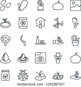 Thin Line Icon Set - flower in pot vector, lady bug, water drop, sickle, pumpkin, seeds, pond, bird house, fertilizer, tulip, gallery, photo, windmill, fruit tree, alcohol, smoke detector