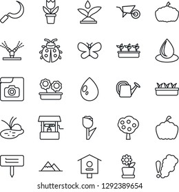 Thin Line Icon Set - flower in pot vector, watering can, wheelbarrow, butterfly, lady bug, seedling, water drop, well, sickle, plant label, pumpkin, pond, bird house, tulip, photo gallery, mountains