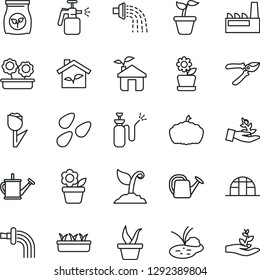 Thin Line Icon Set - flower in pot vector, seedling, watering can, sproute, pruner, pumpkin, greenhouse, seeds, pond, garden sprayer, fertilizer, tulip, factory, eco house, palm