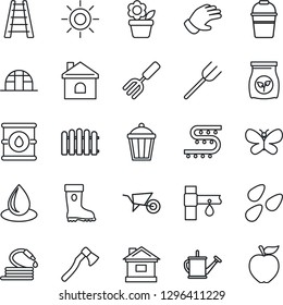 Thin Line Icon Set - flower in pot vector, garden fork, farm, fence, ladder, watering can, wheelbarrow, bucket, glove, boot, butterfly, house, water drop, sun, hose, axe, light, greenhouse, seeds