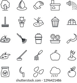 Thin Line Icon Set - flower in pot vector, garden fork, rake, tree, bucket, watering, sproute, glove, water drop, rain, hoe, sickle, pumpkin, light, fireplace, greenhouse, seeds, pond, fertilizer