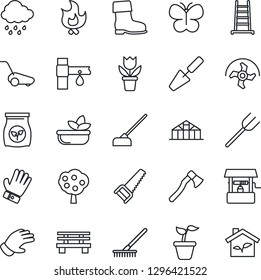 Thin Line Icon Set - flower in pot vector, trowel, farm fork, ripper, rake, ladder, seedling, glove, boot, saw, lawn mower, butterfly, fire, rain, well, hoe, axe, bench, greenhouse, fertilizer