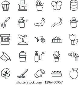 Thin Line Icon Set - flower in pot vector, garden fork, rake, tree, wheelbarrow, bucket, watering, sproute, glove, butterfly, seedling, well, sickle, light, fireplace, greenhouse, caterpillar, tulip