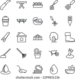 Thin Line Icon Set - flower in pot vector, garden fork, rake, tree, wheelbarrow, bucket, sproute, boot, saw, lawn mower, house, seedling, water drop, hose, hoe, knife, plant label, greenhouse, salad