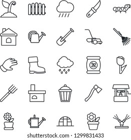 Thin Line Icon Set - flower in pot vector, shovel, farm fork, fence, rake, watering can, sproute, glove, boot, lawn mower, house, rain, well, garden knife, axe, light, fireplace, greenhouse, tulip
