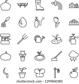 Thin Line Icon Set - flower in pot vector, garden fork, farm, seedling, watering can, boot, butterfly, water drop, rain, well, hoe, sickle, pumpkin, light, greenhouse, pond, picnic table, sprayer