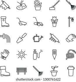 Thin Line Icon Set - flower in pot vector, trowel, rake, seedling, watering can, glove, boot, lawn mower, sun, hose, hoe, plant label, bench, garden light, pond, sprayer, rolling pin, water filter