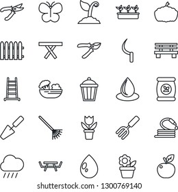 Thin Line Icon Set - flower in pot vector, trowel, garden fork, fence, rake, ladder, sproute, pruner, butterfly, seedling, water drop, rain, hose, sickle, bench, pumpkin, light, picnic table, salad